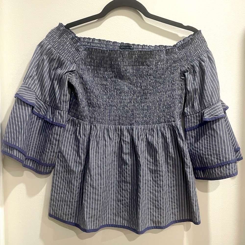 American Eagle Outfitters Blue Striped Off-Shoulder Blouse